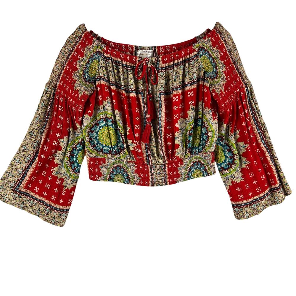 Band of Gypsies Womens Off Shoulder Crop Top S Red Boho Paisley Bell Sleeve
